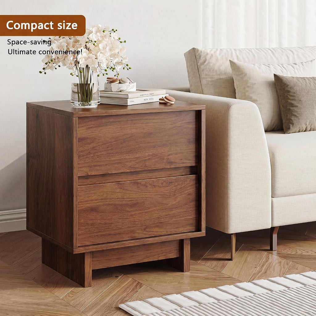 SINROM Walnut Nightstands Set of 2, Mid Century 2 Drawer Bedside End Table | Mid Century Modern Night Stand with 2 Drawers and Sleek Handleless Design, Wooden End Table with Elevated Base for Livingroom