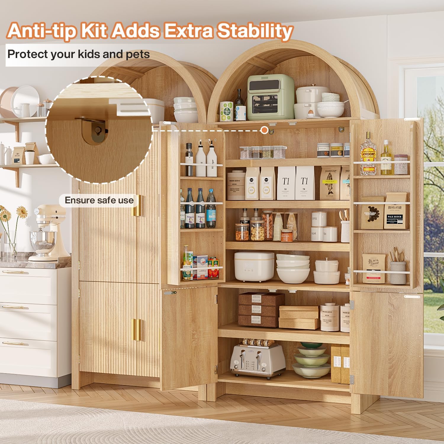 PRETZI 71" Arched Cabinet with Doors, Tall Arched Kitchen Pantry Storage Cabinet and Adjustable Shelves, Modern Fluted Natural Wood Cupboard for Kitchen, Dining Room, Bathroom
