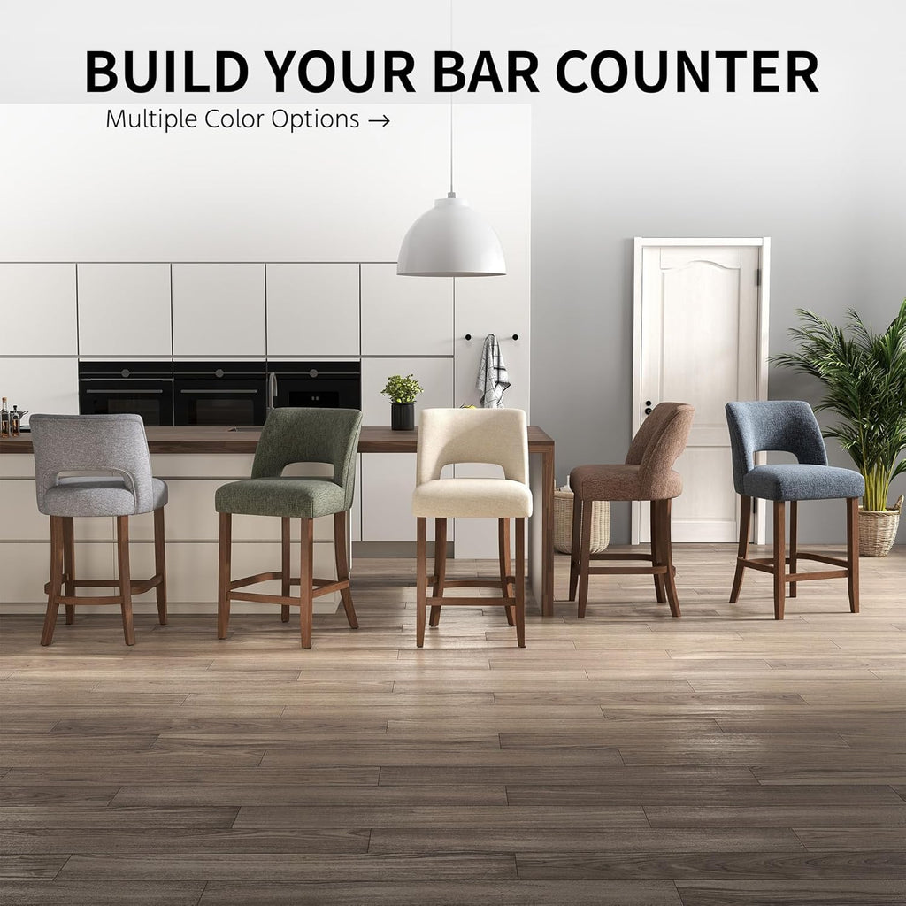 VKNOW Bar Stools Set of 2, 26" Fabric Counter Height Bar Stools, Green | Modern Upholstered Counter Stools with Rubberwood Legs for Kitchen Island Dining Room Bar