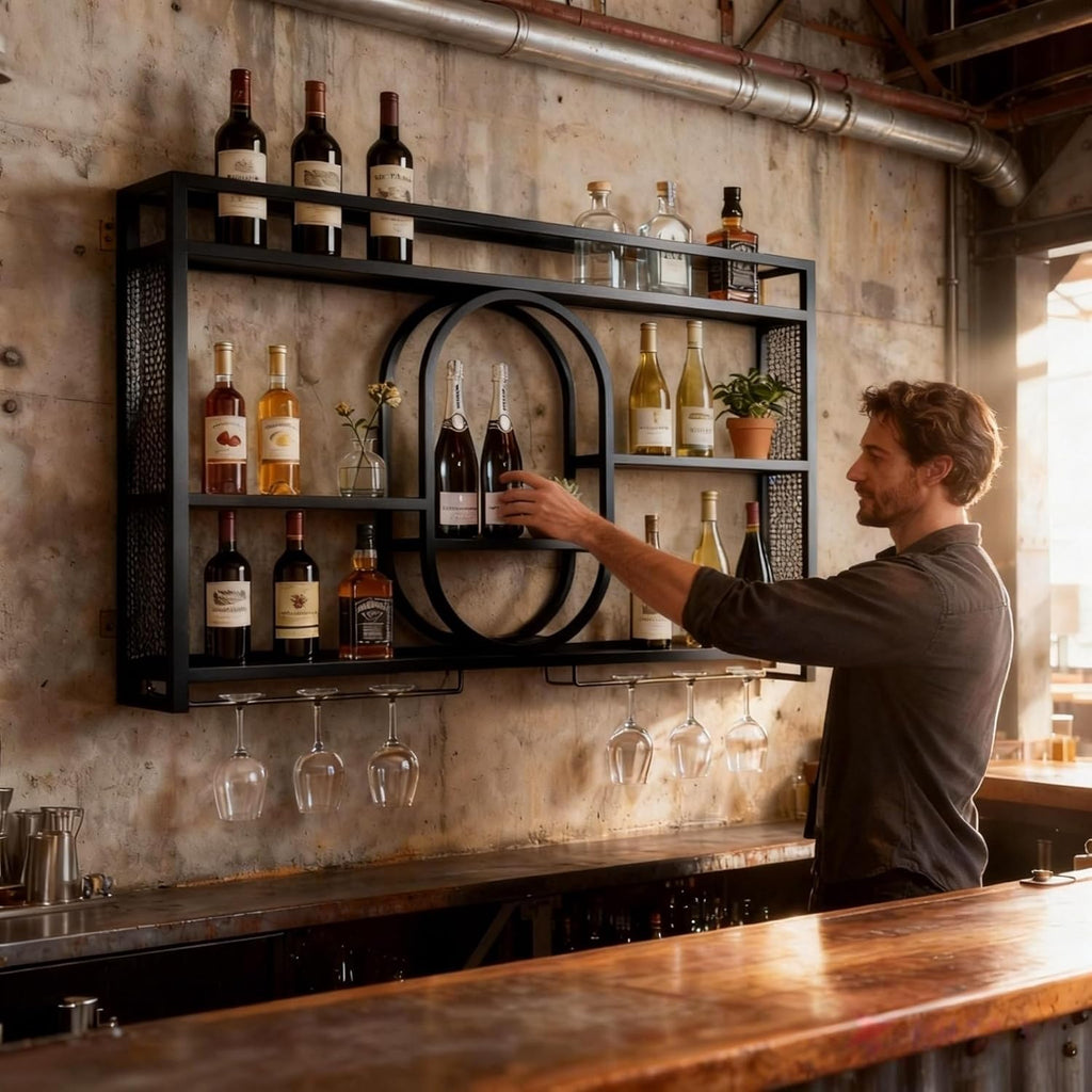 47" Upgrade Metal Wall Mounted Wine Rack, 3 Tier Bar Shelves with Glass Holder, Large Capacity Modern Liquor Shelves for Home Bar, Dining Room & Kitchen, Black