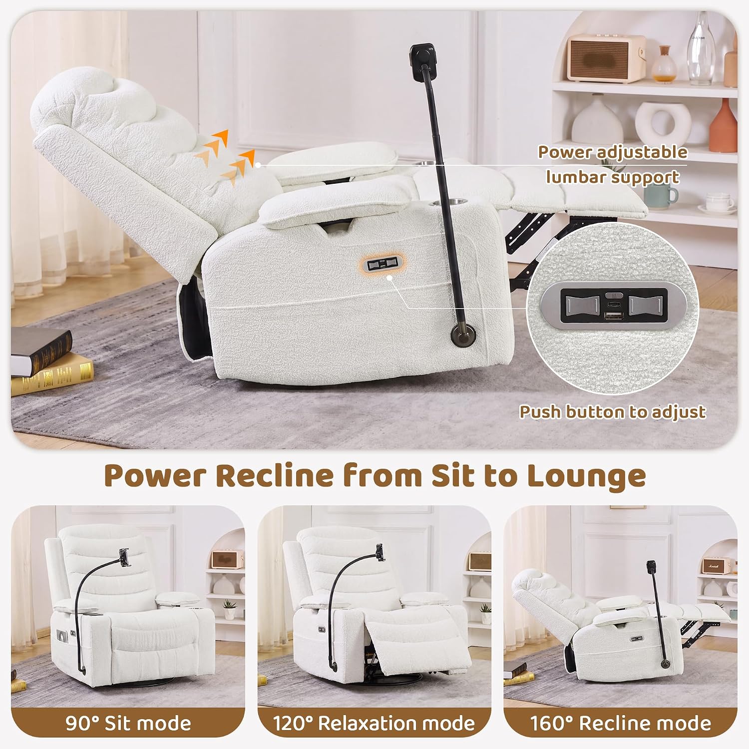Olela Power Glider Recliner Nursery Chair, Swivel Rocking Chair with Electric Lumbar Support, USB Charging, Smart Cup Holder, Light, Adjustable Armrest, Wireless Phone Charger Holder, Chenille