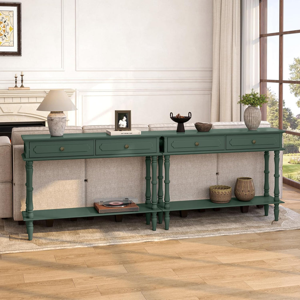 Console Table with 2 Drawers & Open Shelf, Green Retro Entryway Table with Storage Cabinets, Narrow Long Couch Table Behind Sofa for Living Room, Foyer, Hallway
