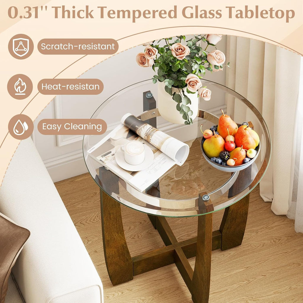 Giantex Round Glass End Table Set of 2, 24’’ Side Table with Tempered Glass Top, Nightstands with Cross & Solid Rubber Wood Base, Compact Bedside Night Stand for Bedroom Office Living Room (2, Walnut)
