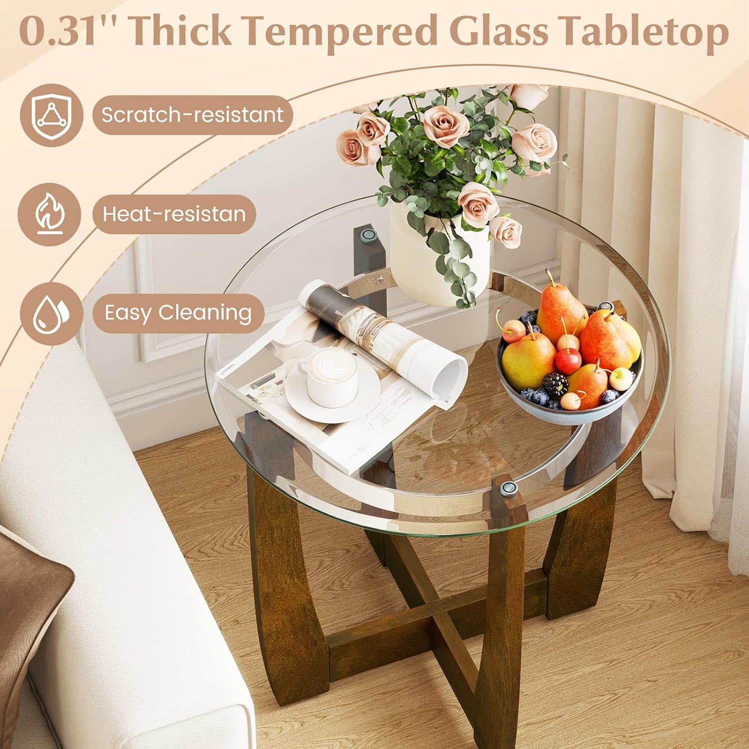 Giantex Round Glass End Table Set of 2, 24’’ Side Table with Tempered Glass Top, Nightstands with Cross & Solid Rubber Wood Base, Compact Bedside Night Stand for Bedroom Office Living Room (2, Walnut)