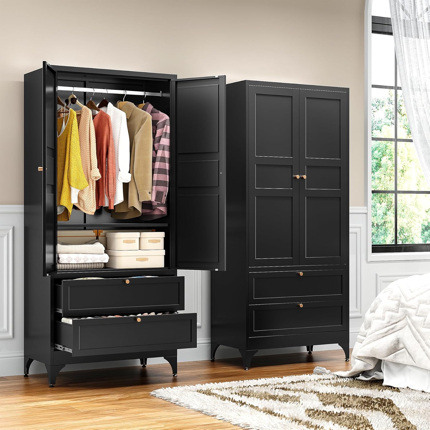 BYNSOE 71" Tall Metal Wardrobe Closet with 2 Drawers, Steel Armoire Cabinet with Hanging Rod and Adjustable Shelves, Freestanding Clothes Storage Organizer for Bedroom(Black, with 2 Drawers)