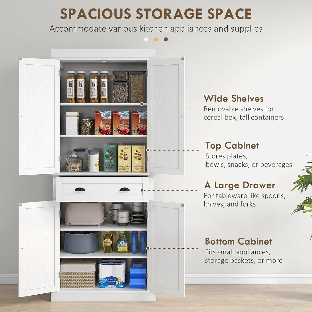 72.5" Kitchen Pantry Cabinet, Traditional Freestanding Storage Cabinet with 4 Doors, Drawer and 3 Adjustable Shelves for Dining Room, White Wood Grain,16 * 30 * 72.5