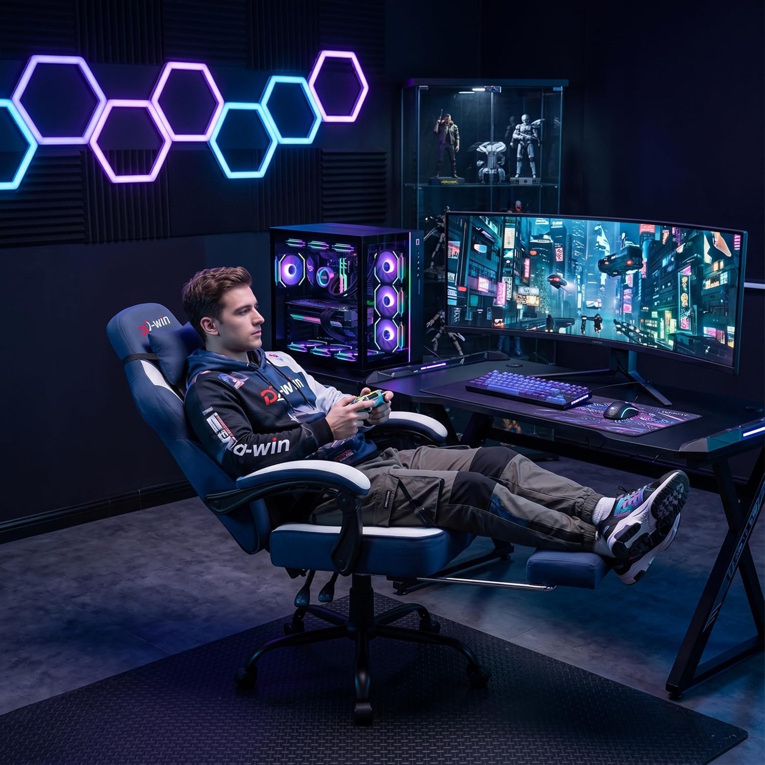 Shintenchi Big and Tall Gaming Chair Fabric Pocket Spring Cushion,High Back Recliner with Footrest and Headrest for Adults, Massage Lumbar Support for Home Office, Ergonomic Computer Desk Chair, Blue