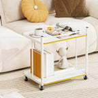 GOFLAME Rolling C-Shaped End Table, Couch Sofa Bed Side Table on Wheels, Open Shelves & Golden Edge, Modern, 2-Tier Narrow Compact Night Stand for Living Room, Bedroom, Home Office, White (1)
