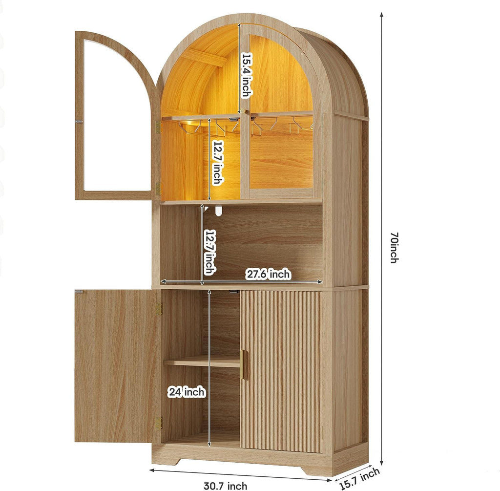 Maupvit 70" Tall Arched Wine Bar Cabinet with LED Light, Fluted Coffee Bar Cabinets with Stemware Rack, Kitchen Pantry Cupboard with Glass Doors, Liquor Cabinet for Home, Dining Room (Nature)