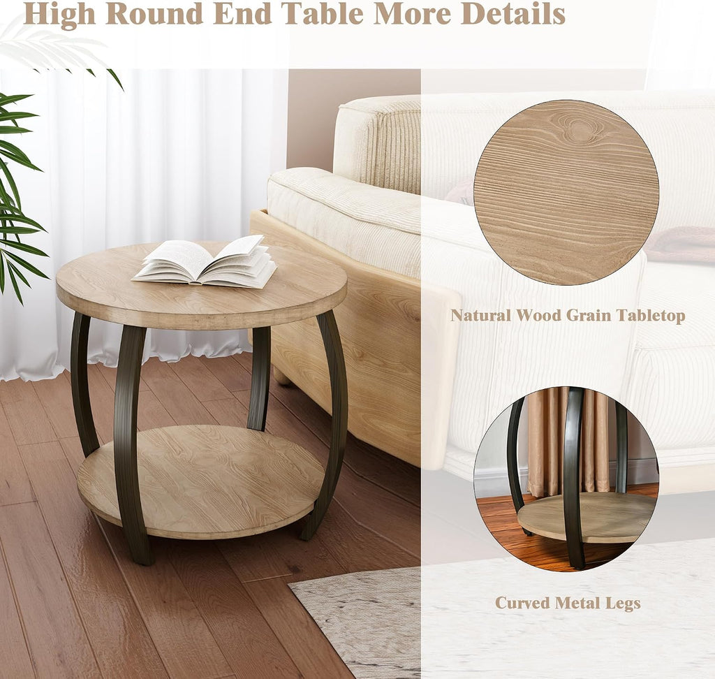 2-Tier Solid Wood Round End Table, American Rustic Circle Side Table Small Sofa Drum Table with Pine Wood Top & Curved Metal Legs for Living Room Bedroom, Natural Wood Color, 23.6" W x 21.7" H