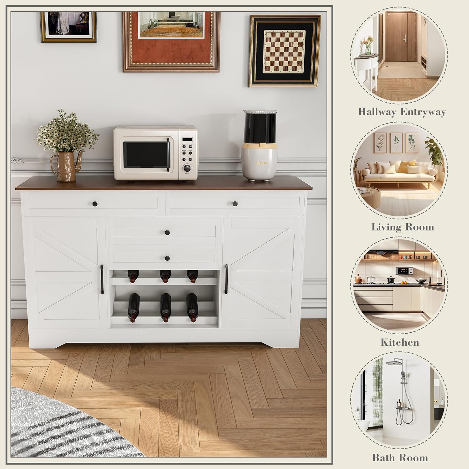 54" Farmhouse Buffet Cabinet with Storage, Sideboard Buffet Cabinet with Drawer, Adjustable Shelves & Wood Grain Top, Kitchen Buffet Storage Cabinet for Dining Room, Living Room, Coffee Bar
