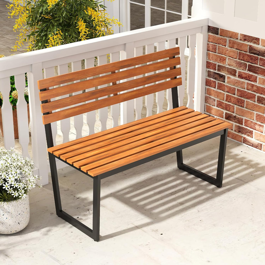 Tangkula 43" Outdoor Wood Bench, 2-Person Acacia Wood Bench with Heavy-Duty Metal Frame, Slatted Seat & Inclined Backrest, 800 lbs Weight Capacity, Patio Bench for Porch, Yard, Balcony, Lawn