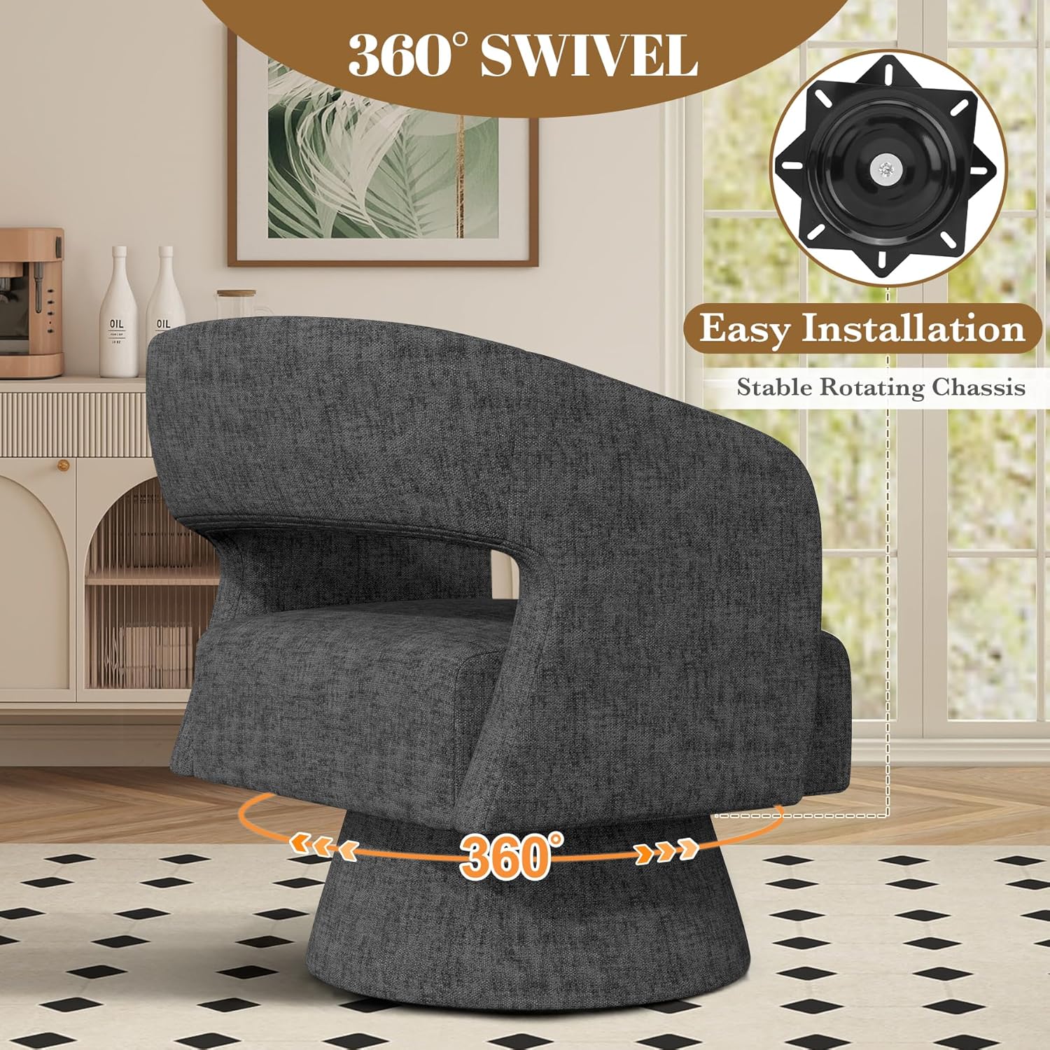 Luxanimarion Swivel Barrel Accent Chair,Oversized Teddy Upholstered Round Swivel Chair,Modern Luxury 360 Degree Living Room Vanity Chair for Bedroom Office,Black Chenille,2PCS