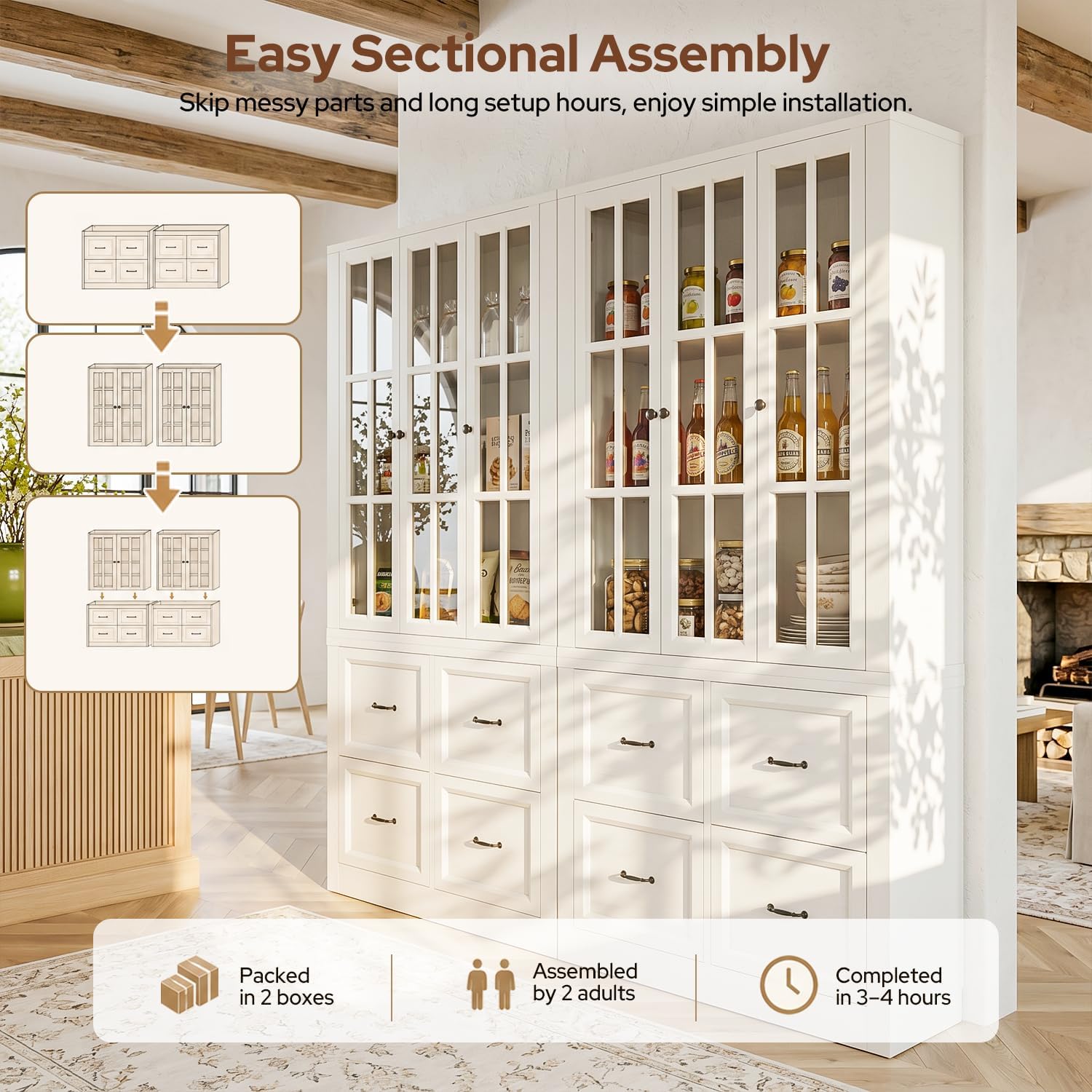 80" Modular Kitchen Pantry Cabinet, 2-in-1 Freestanding Tall Pantry Cabinet with Glass Doors & Adjustable Shelves, Large Hutch Storage Cabinet for Kitchen & Living Room (2, White, AB)