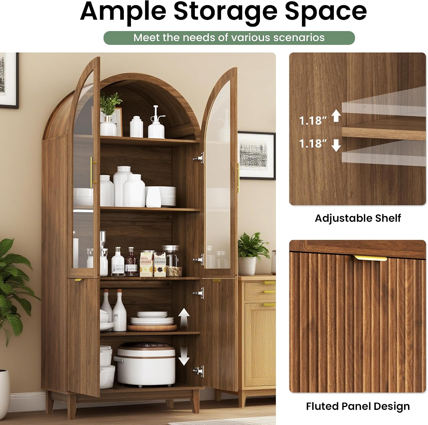 71" Tall Arched Pantry Cabinet, Kitchen Pantry with Glass Doors & Fluted Doors, Wood Storage Cabinet with Adjustable Shelf, Versatile Cupboard for Kitchen, Living Room,Walnut