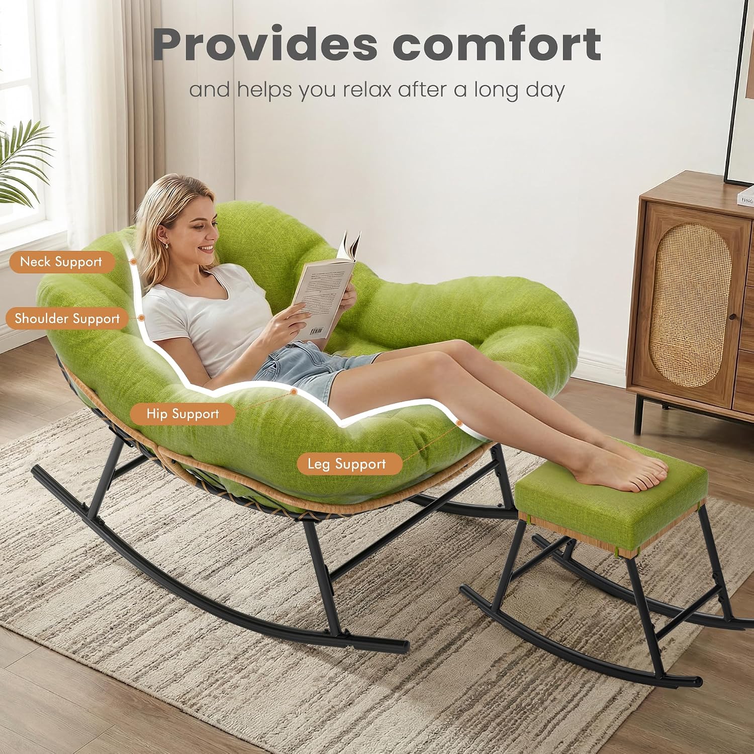 Easyego Oversized Papasan Rocking Chair with Ottoman for Indoor Outdoor Use, Comfortable Wicker Rocker with Cozy Thicken Cushion for Deck, Balcony, Poolside, Lawn, Bedroom, Living Room, Green