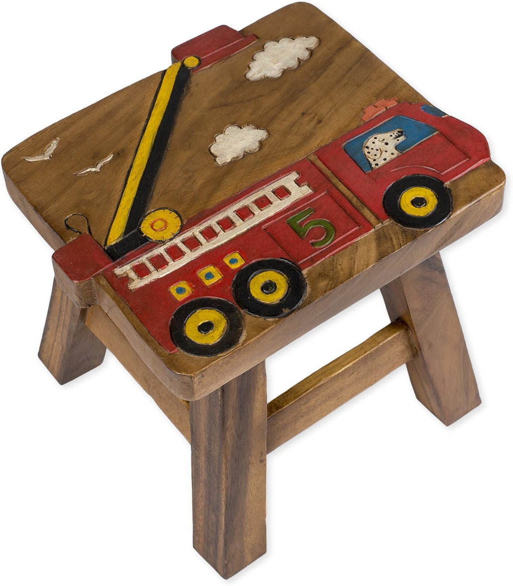 Sea Island Imports Red Fire Truck Design Hand Carved Acacia Hardwood Decorative Short Stool