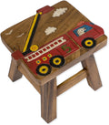Sea Island Imports Red Fire Truck Design Hand Carved Acacia Hardwood Decorative Short Stool