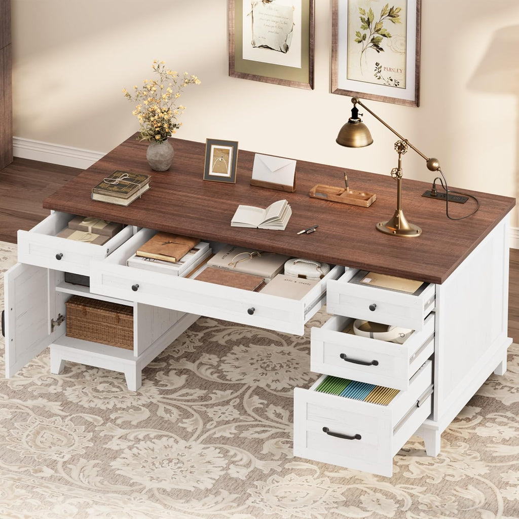 Garvee 60" Wooden Home Office Desk with File Drawers, Executive Desk with Adjustable Cabinet, Farmhouse Wood Desk with Power Outlet, Distressed Study and Work Table, Rustic White
