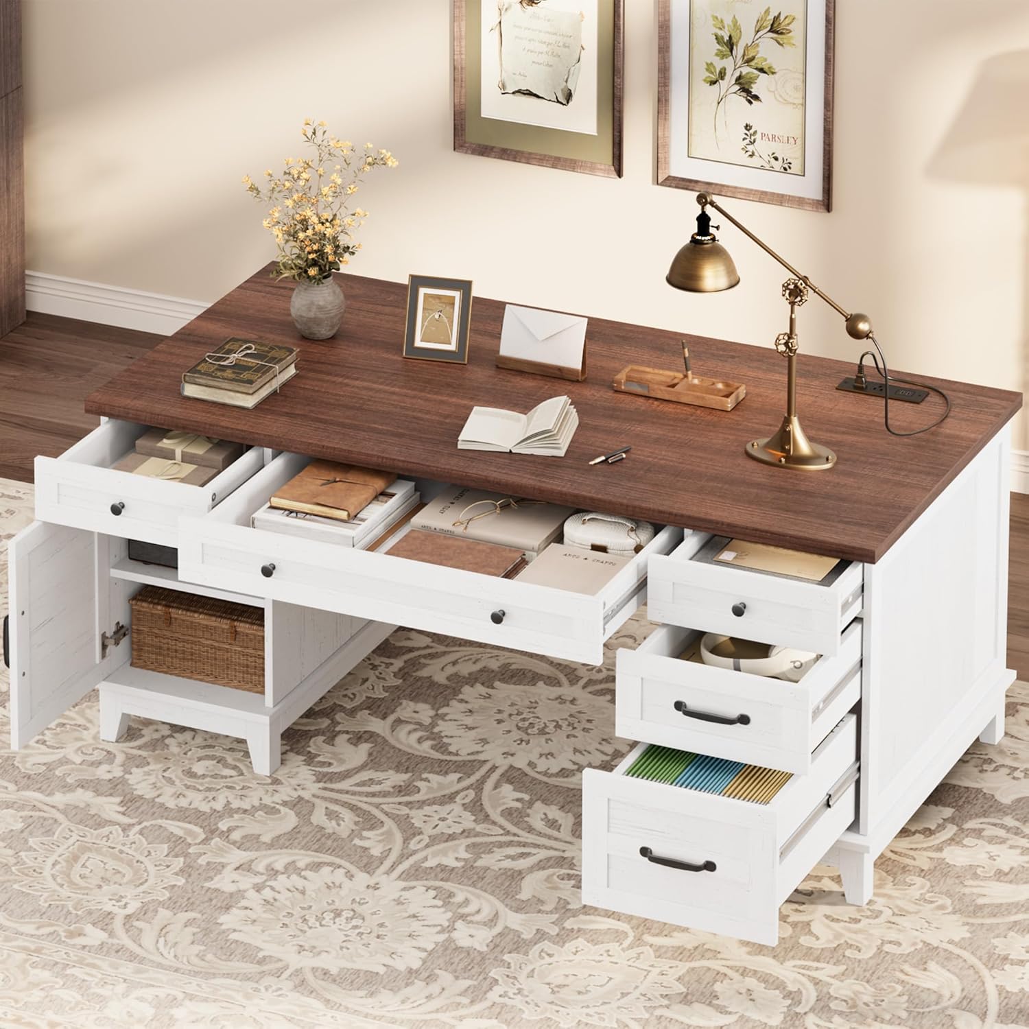 Garvee 60" Wooden Home Office Desk with File Drawers, Executive Desk with Adjustable Cabinet, Farmhouse Wood Desk with Power Outlet, Distressed Study and Work Table, Rustic White