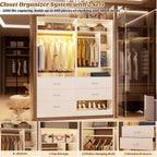 Besiost 4FT Closet Systems with 3CCT Sensor Light, 48 Inch Closet Organizer System with 5 Wood Drawers, 2 Hanging Rods & 7 Shelves, Heavy Duty 48" Walk-in Closet , White (48"L x 15" W x 80" H)