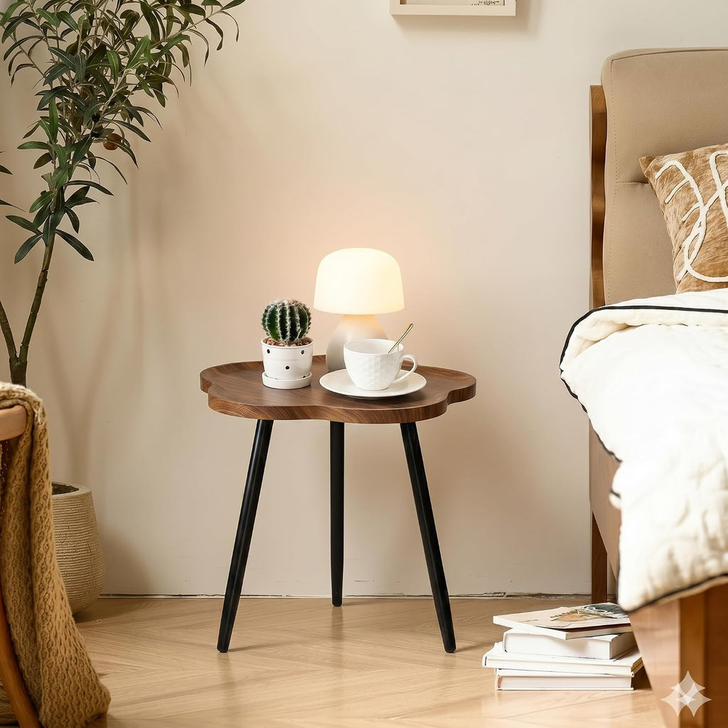 danpinera Round Side Table, Metal Legged Accent Table with Wooden Tray, Flower Tray Small Round End Table for Living Room, Bedroom, Nursery Rustic Brown