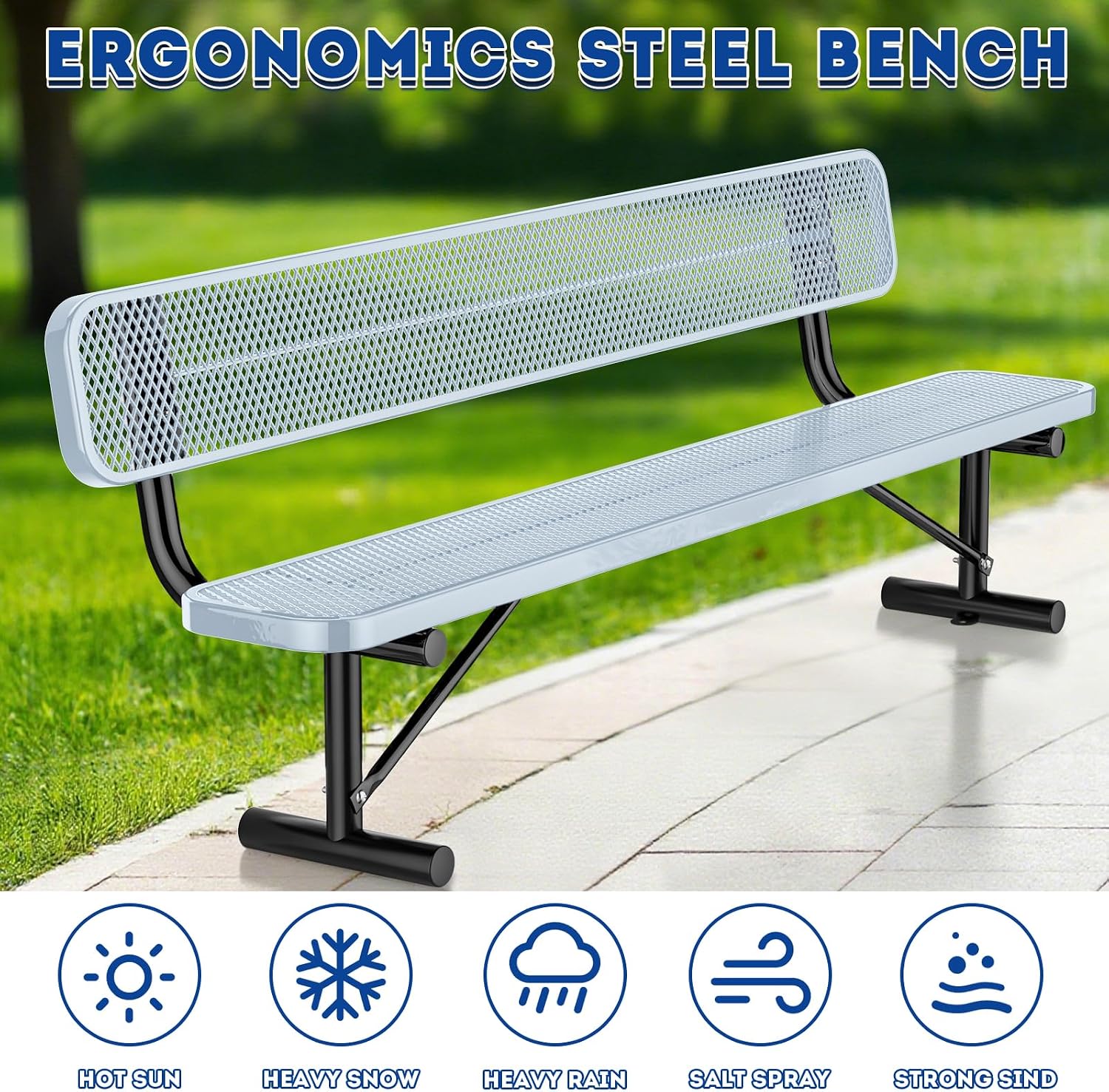 Heavy-Duty Park Bench for Outside - Black Coated Outdoor Furniture Steel Bench, Commercial-Grade Outdoor Benches Weatherproof for Park, Patio, Porch (Portable with Back, 4/6/8 Ft) (Grey, 8FT)