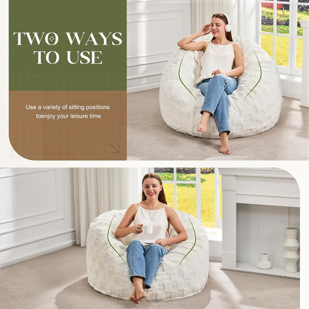 Hobestluk Bean Bag Chairs Beanbag Chair with Filler Adult Bean Bags with Fluffy Plaid Cover, Giant Bean Bag Chairs for Adults for Living Room, Bedroom (White, 3FT - 36” x 36” x 22”)