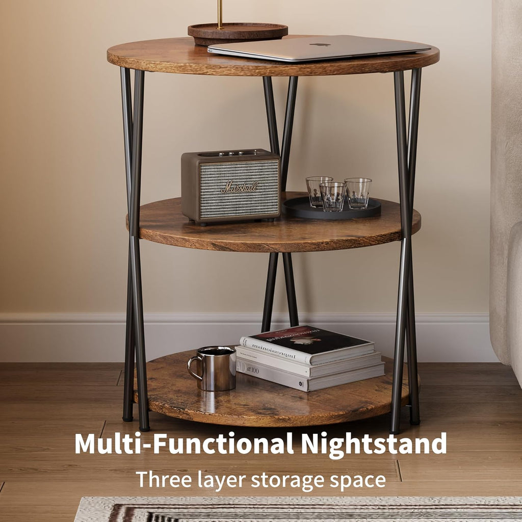 23 Inch Round Side Table 3-Tier End Table Living Room Small Patio Table Nightstands Round Coffee Table Spacious Top for Couch Bedroom 3 Storage Shelves Accent Coffee Table, Rustic Brown