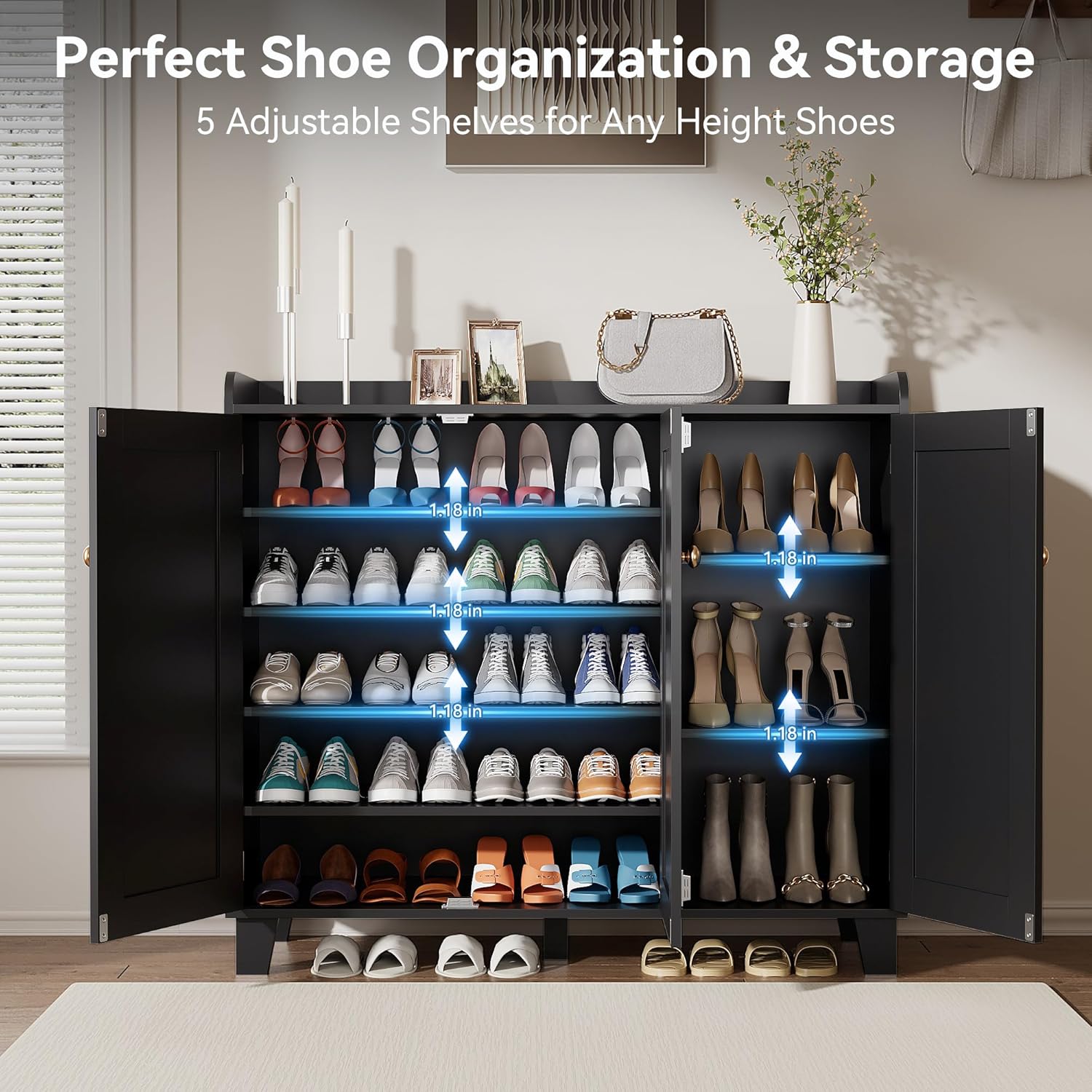 Shoe Storage Cabinet with 3 Doors and Adjustable Shelves，40 Inch Tall Farmhouse Flat-Shelf Wooden Shoe Cabinet，Shoe Rack Shoe Organizer Cabinet for Hallway Entryway Living Room （Black）