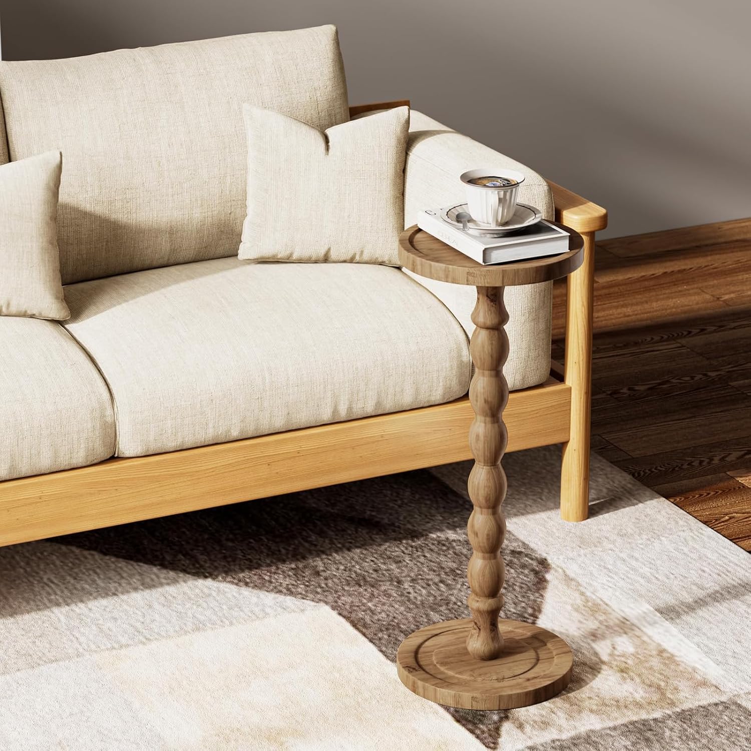 Small Side Table, Rubberwood‌ Drink Table for Small Spaces, Solid Wood Pedestal Coffee Tables, Round End Tables for Living Room, Sofa Couch, Bedroom, Corners, and Office (Brown, 9.4 inch)