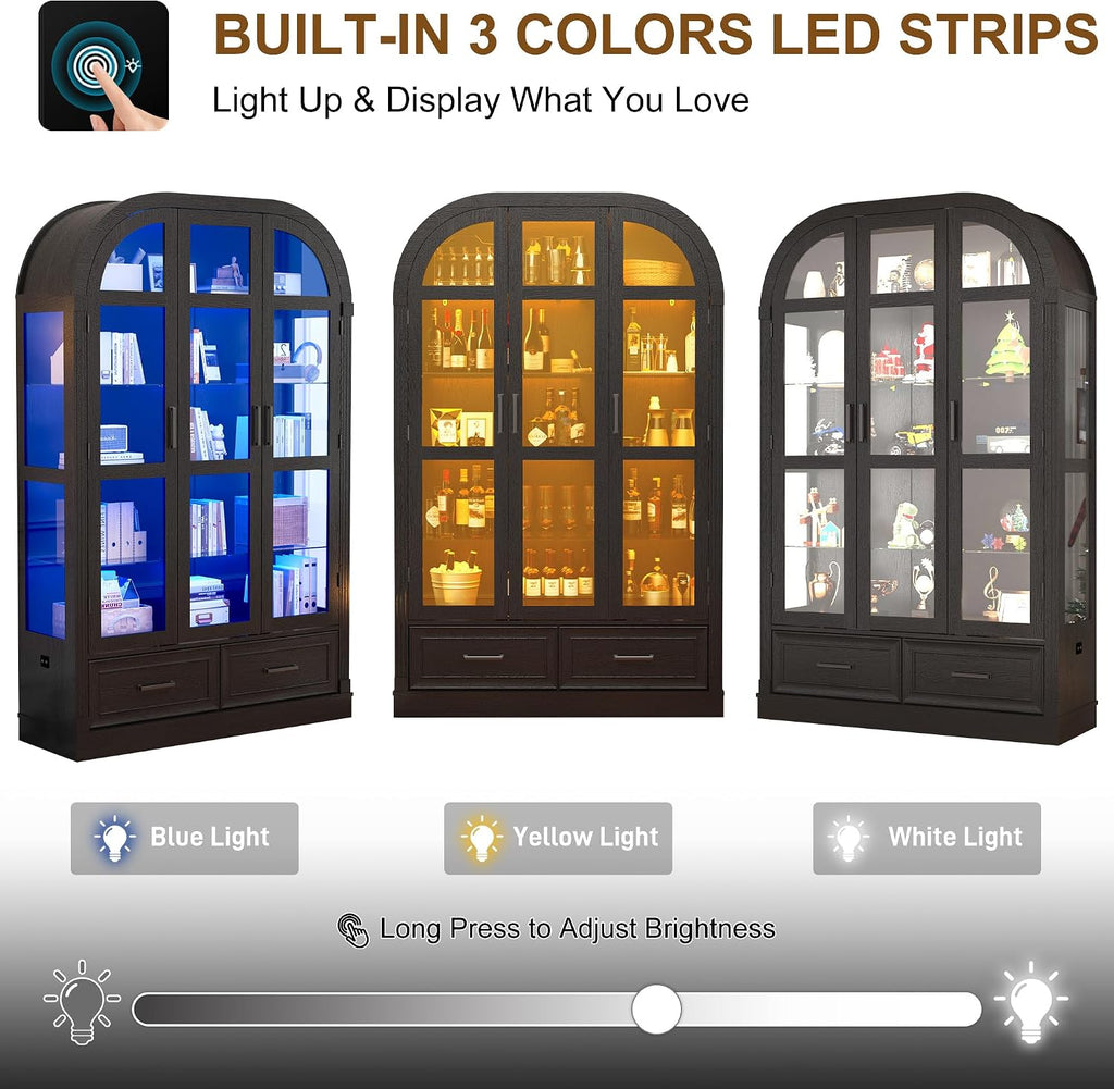 Arched Display Cabinet with 3 Glass Doors,5-Tier Curio Cabinet W/3 Color Lights for Collectibles,78'' Tall Curio Cabinet W/2 Drawers,Modern Display Case W/Human Body Sensor Light for Living/Game Room