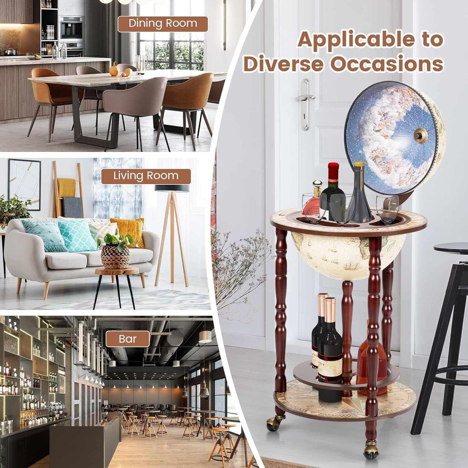 CHEFJOY Globe Bar, Wood Globe Wine Bar Stand, 16th Century Italian Rack Liquor Bottle Shelf, Replica Globe Bar Liquor Cabinet w/Wheels, Globe Bar Cart for Wine Spirits Beverage Stemware(Creamy White)