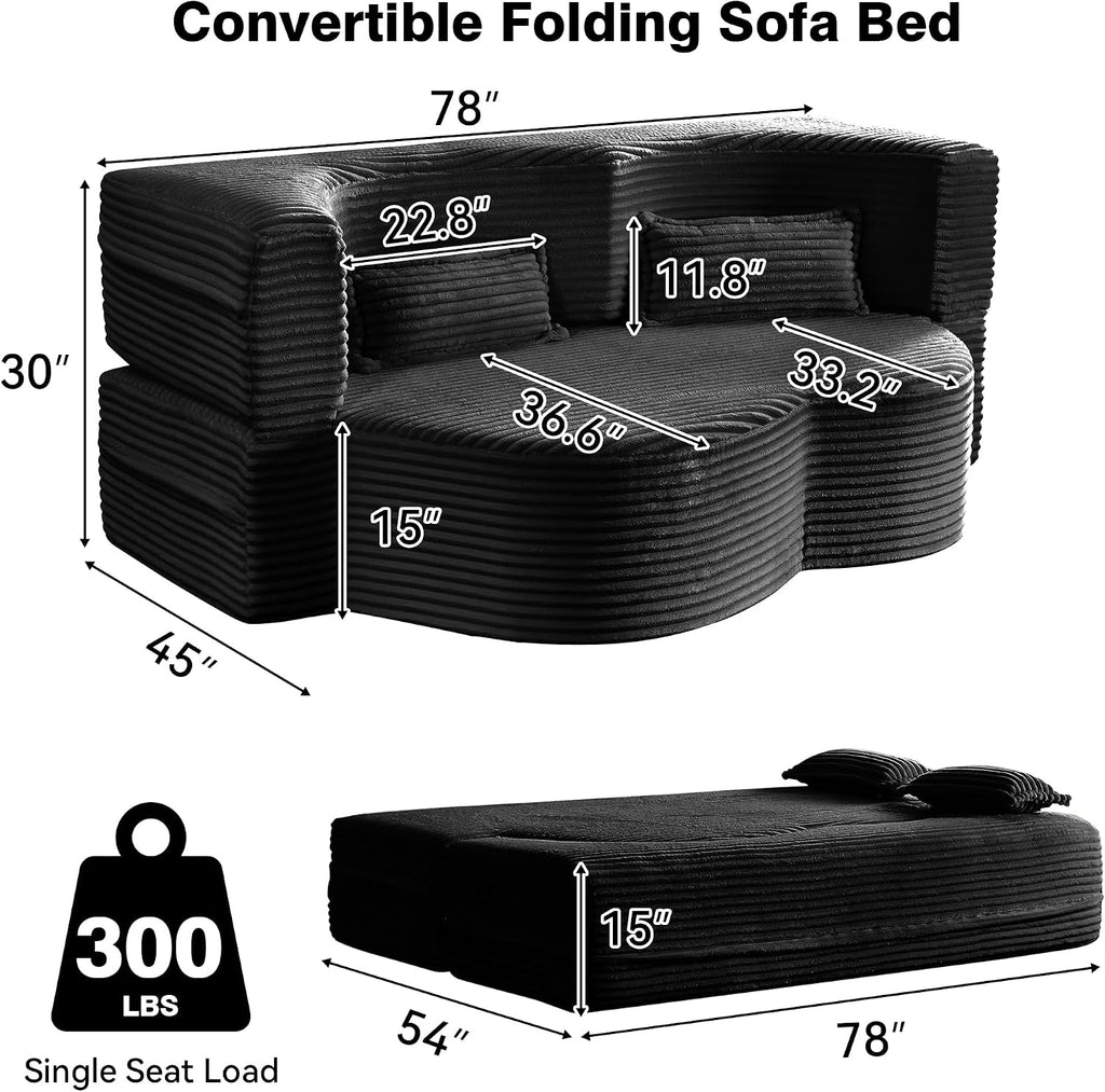 78" Full Size Convertible Futon Sofa Bed, Corduroy Folding Sleeper Sofa Bed with 2 Pillow, Foam Mattress Boneless Couch Bed, No Assembly Loveseat Couches for Living Room Apartment, Space‑Saving, Black