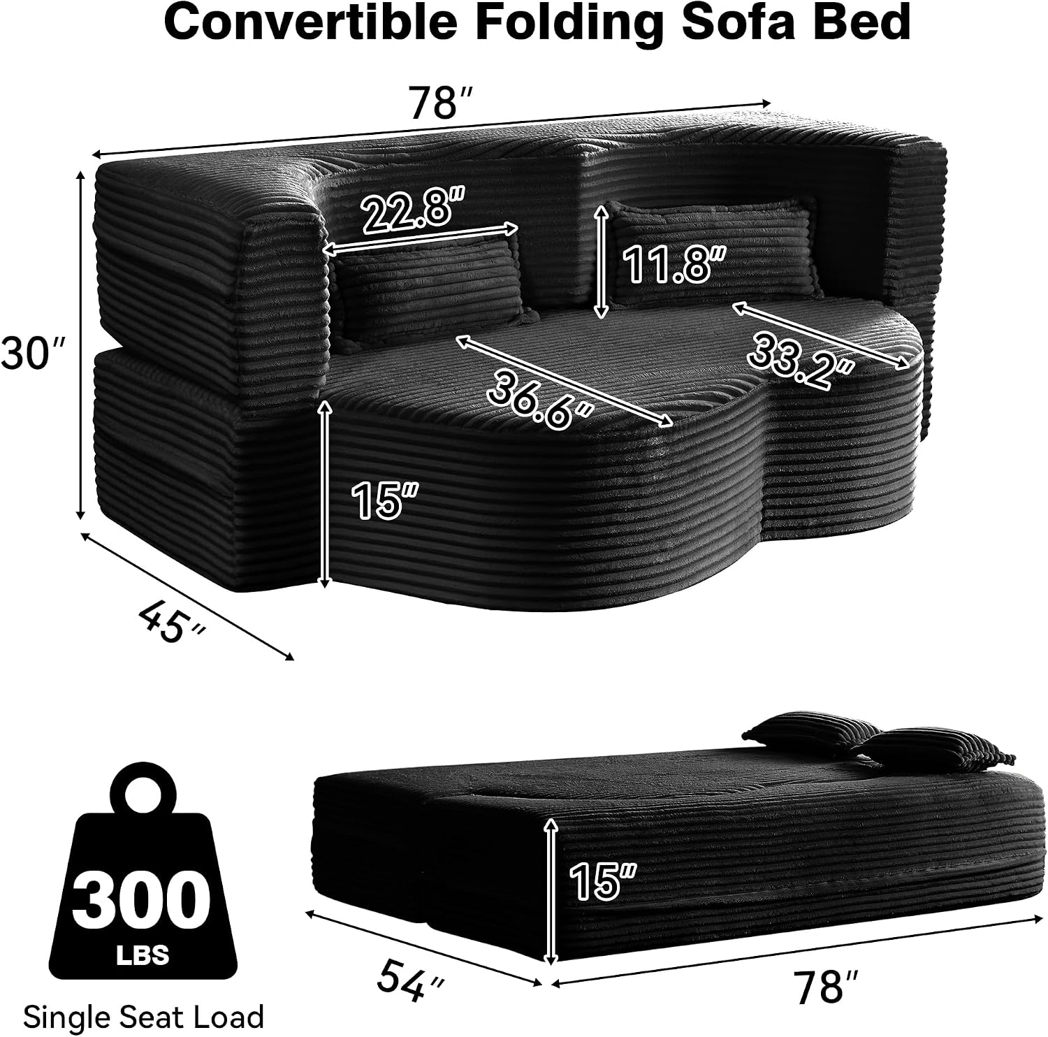 78" Full Size Convertible Futon Sofa Bed, Corduroy Folding Sleeper Sofa Bed with 2 Pillow, Foam Mattress Boneless Couch Bed, No Assembly Loveseat Couches for Living Room Apartment, Space‑Saving, Black