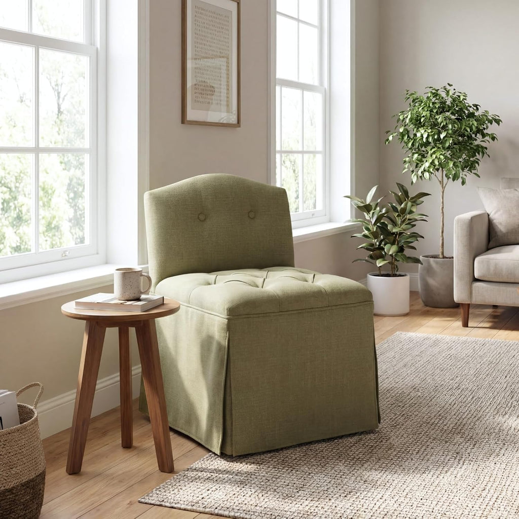 Green Tufted Makeup Vanity Chair with Wheels, Small Upholstered Skirted Slipper Accent Chair with Low Back & Metal Legs, Armless Rolling Vanity Stool Desk Chair for Living Room Bedroom