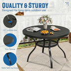 SUNCROWN 42 Inch Round Outdoor Patio Dining Table, All Weather Black Metal Steel Slat Table with 1.5" Umbrella Hole, Weather Resistant Outside Furniture for Lawn Garden Backyard Porch