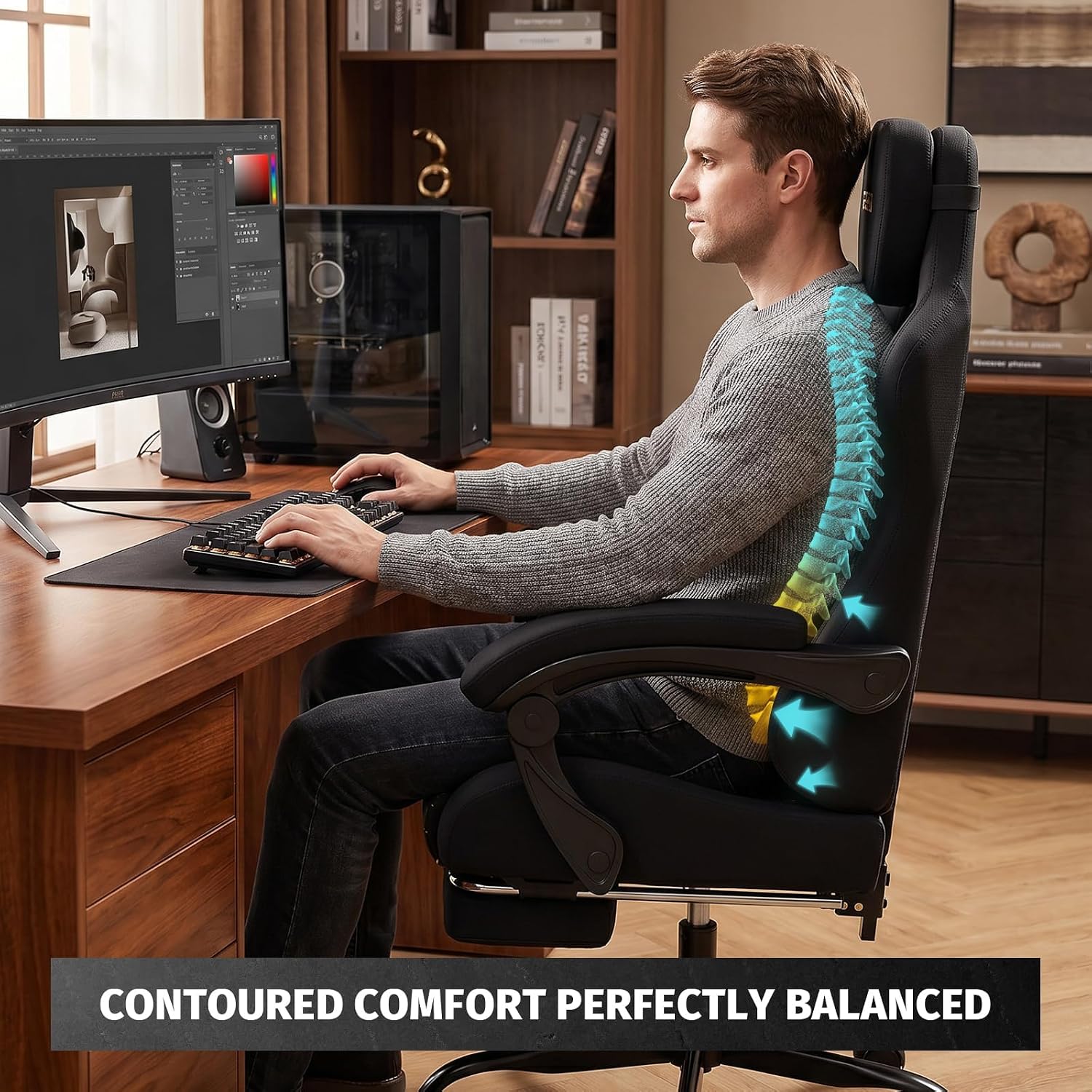 Honeycomb Embossed Gaming Chair with Footrest, Adjustable Ergonomic Office Chair for Adults, Black