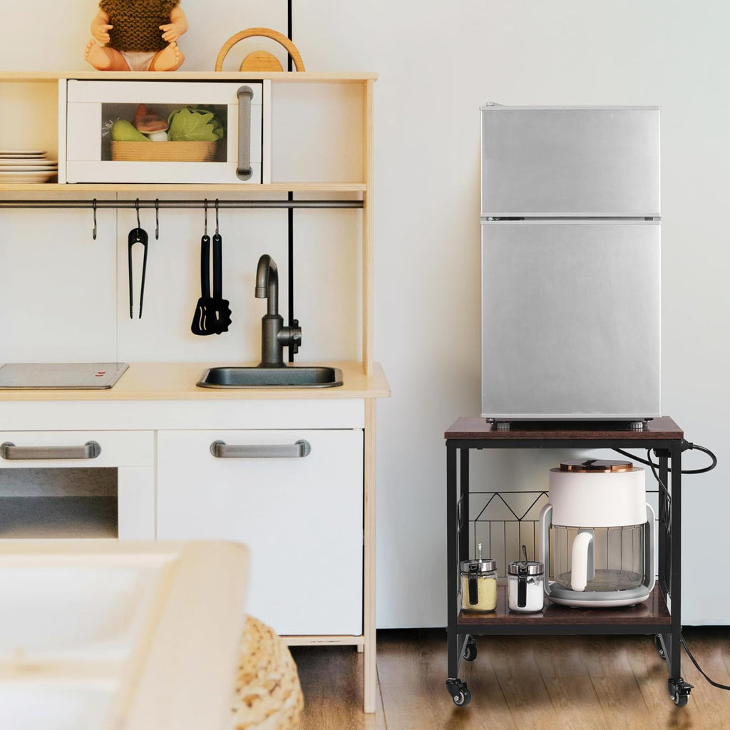 Mini Fridge Stand Heavy-Duty Metal Frame | Built-in 1 USB + 1 Type-C + 2 AC Outlets Rolling Fridge Cart for Dorm, Office, Bedroom | Adjustable Feet & Movable Drawer 19.7" W/D x 22.7" H