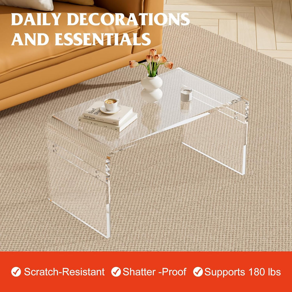 Premium Need Assembly 32" Acrylic Coffee Table,Clear Lucite Coffee Table for Living Room,Rectangle Plexiglass Center Waterfall Table,Supports 180 LBS,32"x16"x16",0.6" Thick Fit for 2 Seat Sofa
