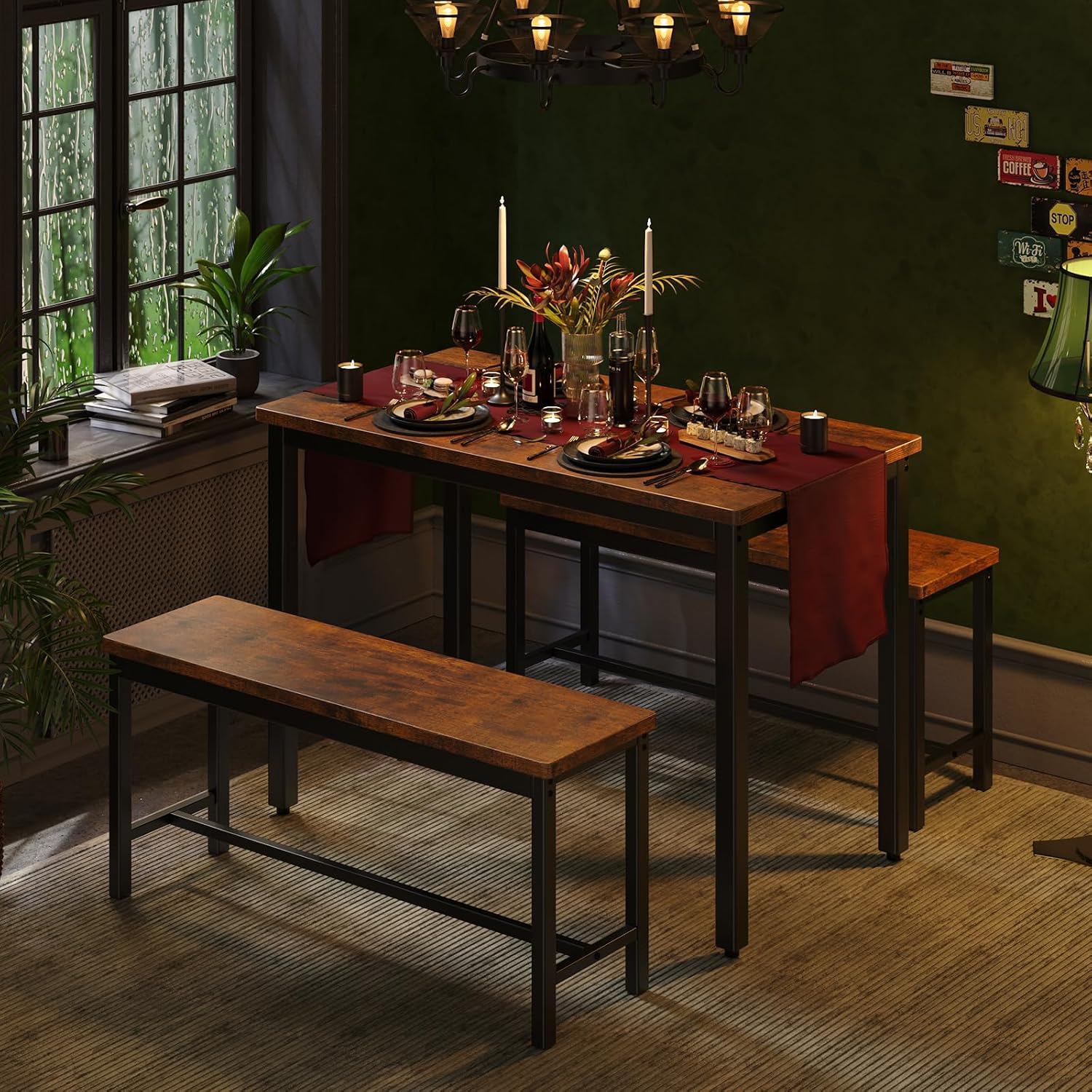 Tatub Dining Table Set for 4, 3-Piece Kitchen Table with 2 Benches, Space-Saving Dining Room Set for Breakfast Nook and Small Spaces, Brown