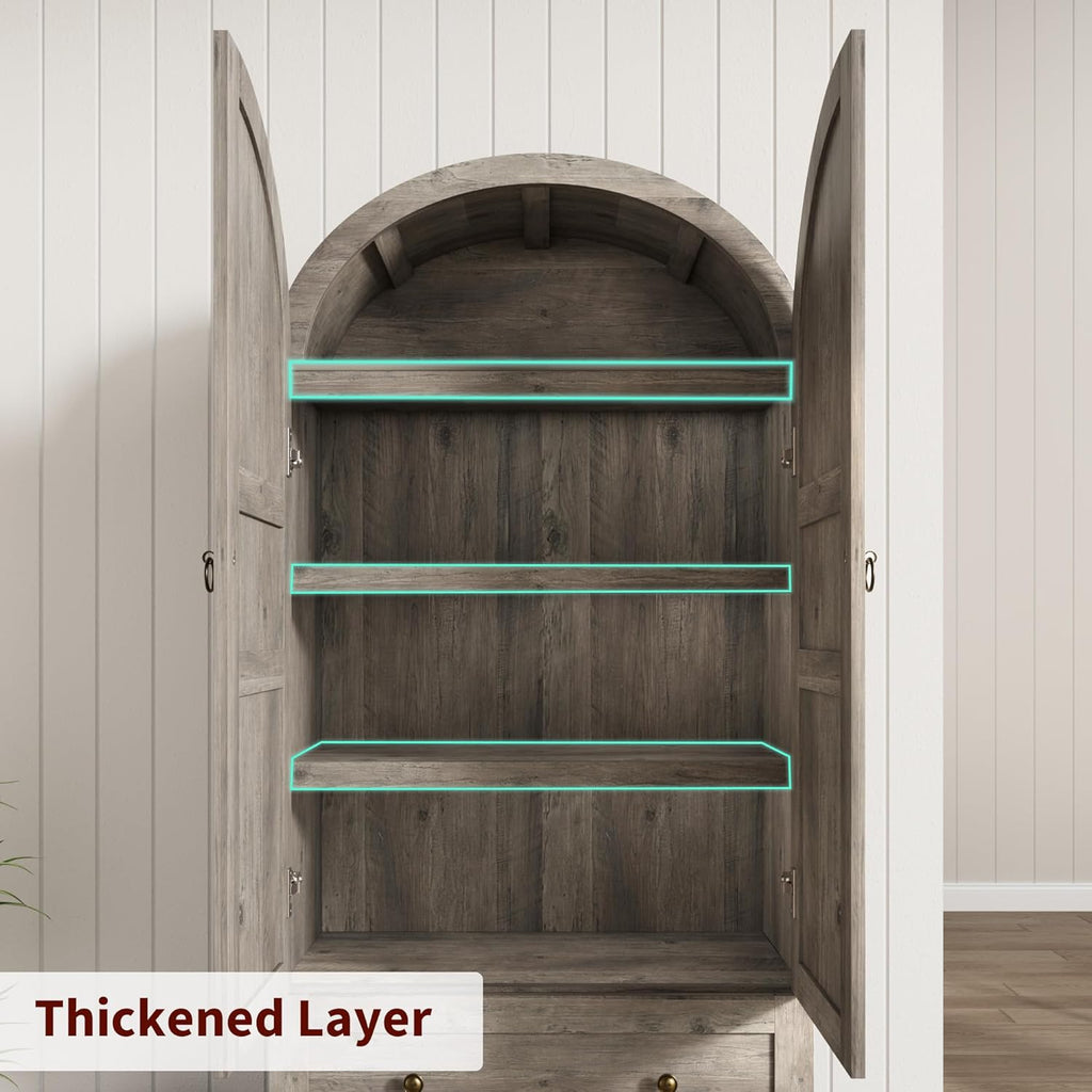 72" Arched Tall Kitchen Pantry Cabinet, Freestanding Farmhouse Kitchen Pantry Storage Cabinet with 2 Large Drawers, Wooden Pantry Cabinets for Kitchen, Dining & Living Room, Rustic Gray