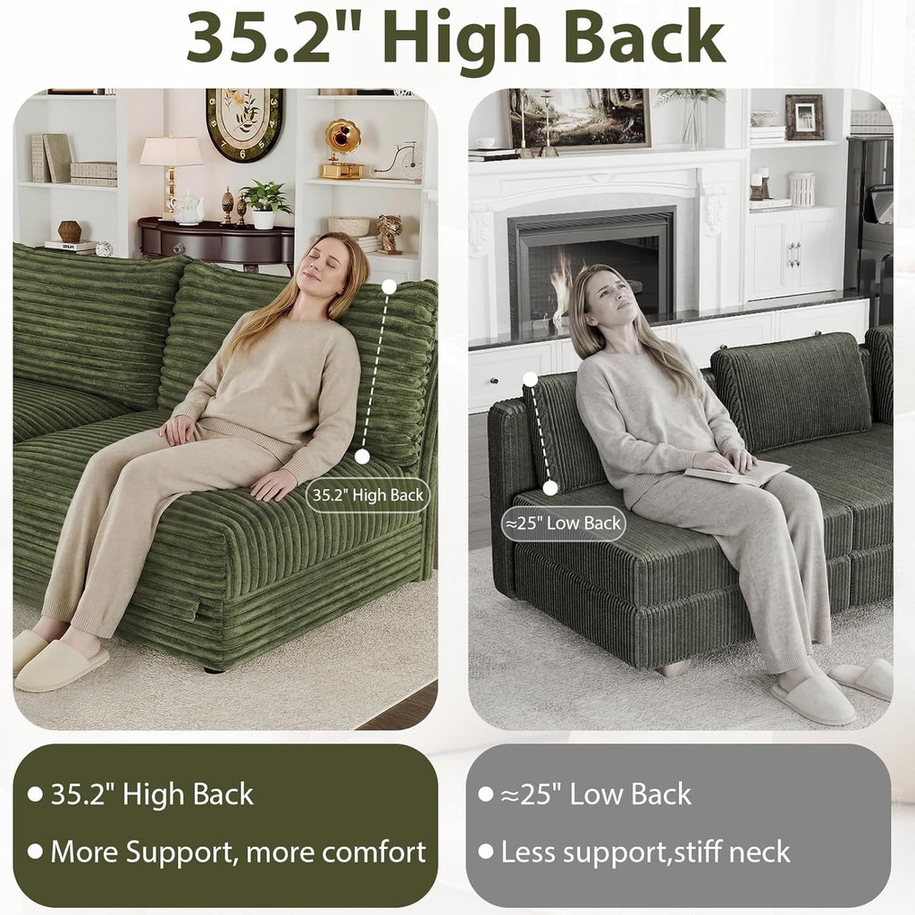 DreamDashio 7-Seat Sectional Sofa, Oversized Extra Wide Deep Seat Giant Detachable Modular Cloud Couch, Certified Corduroy Fabric with Storage & Detachable & Adjustable Arms, for Living Room, Green