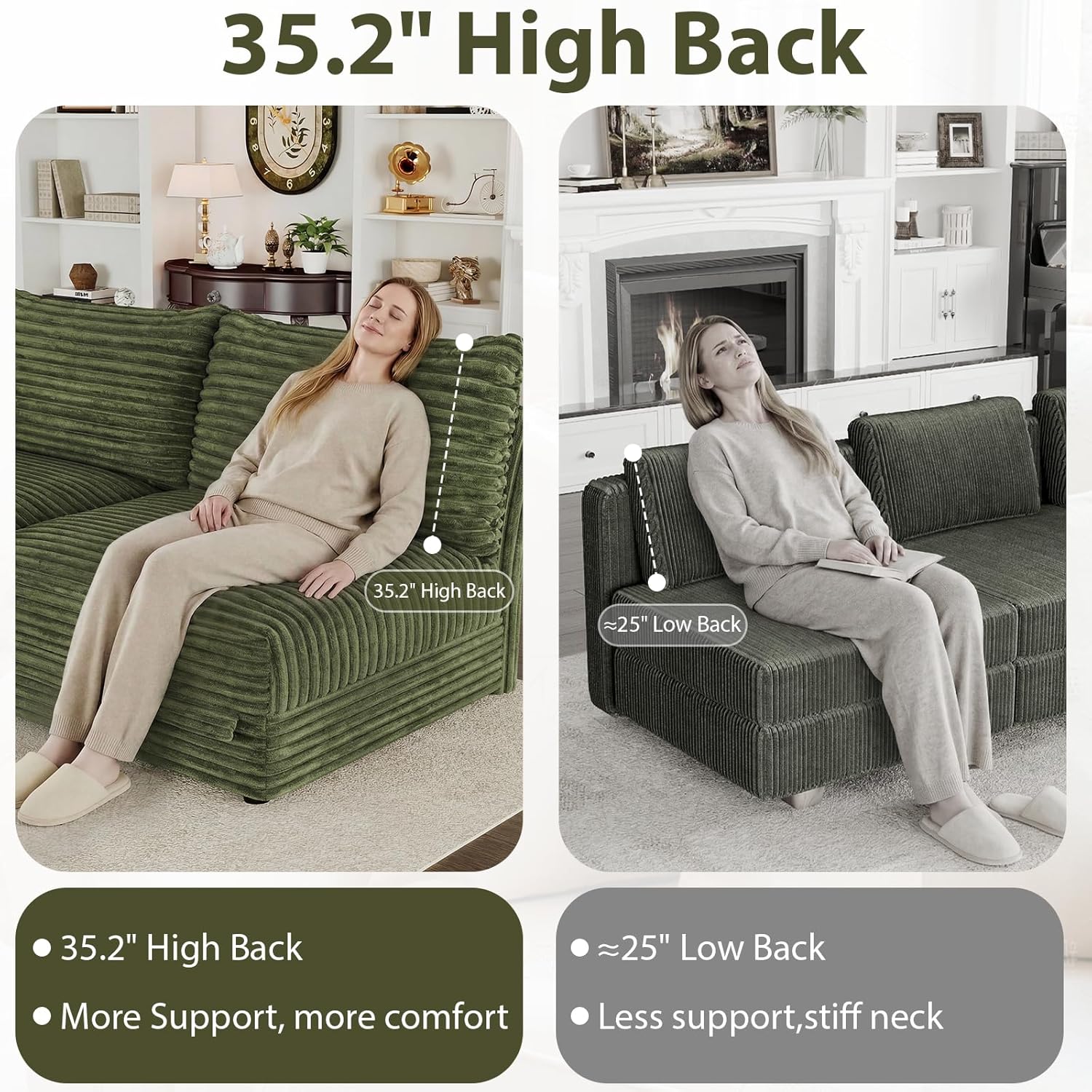 DreamDashio 7-Seat Sectional Sofa, Oversized Extra Wide Deep Seat Giant Detachable Modular Cloud Couch, Certified Corduroy Fabric with Storage & Detachable & Adjustable Arms, for Living Room, Green