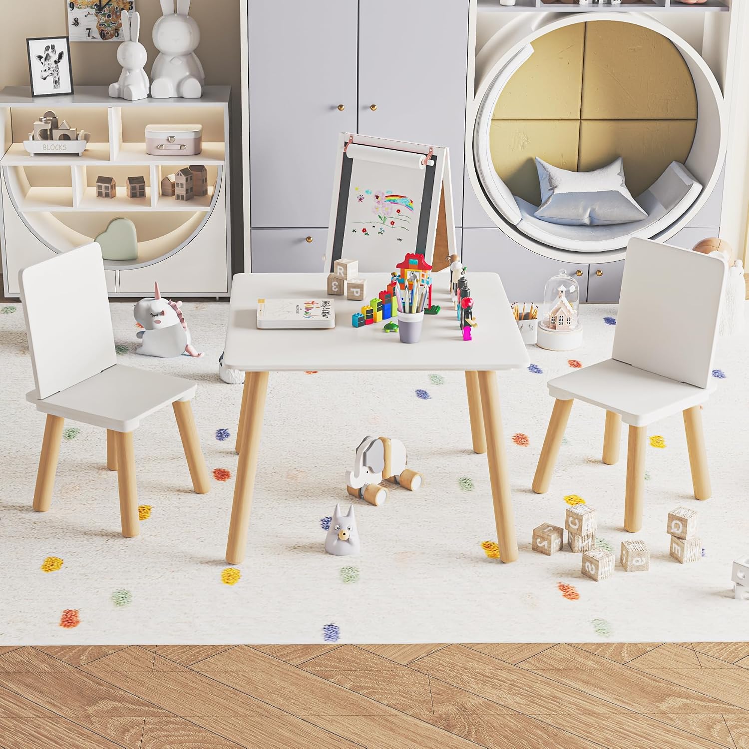 Kids Table and 2 Chairs Set, 3 Pieces Toddler Table and Chair Set, Kids' Table & Chair Sets, Kid Play Table for Daycare, Classroom, Home (White)
