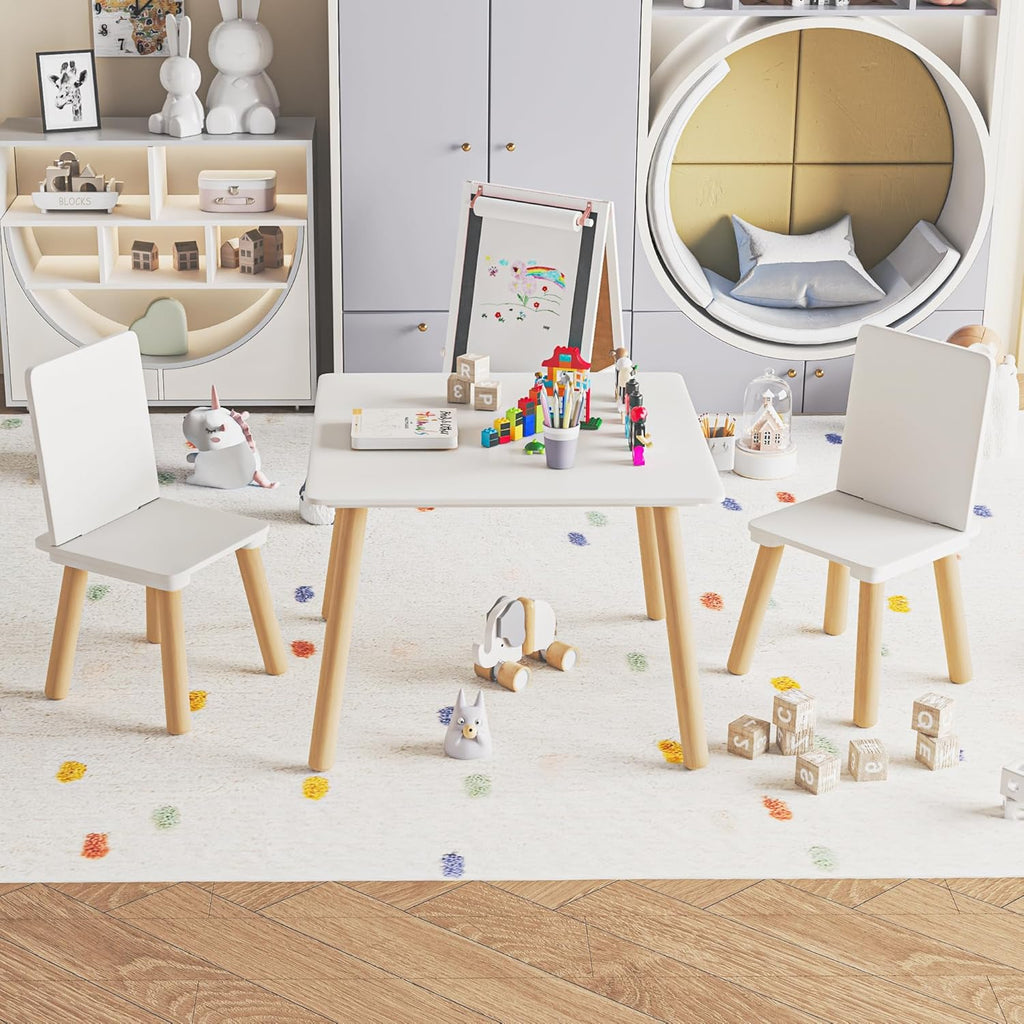 Kids Table and 2 Chairs Set, 3 Pieces Toddler Table and Chair Set, Kids' Table & Chair Sets, Kid Play Table for Daycare, Classroom, Home (White)