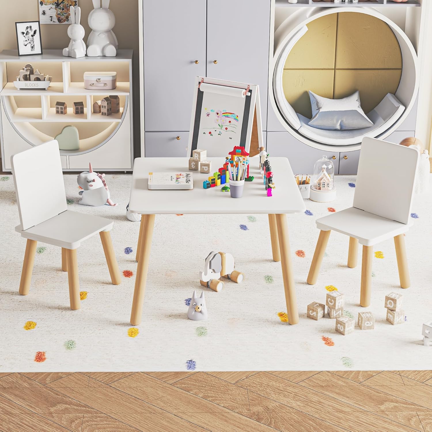 Kids Table and 2 Chairs Set, 3 Pieces Toddler Table and Chair Set, Kids' Table & Chair Sets, Kid Play Table for Daycare, Classroom, Home (White)