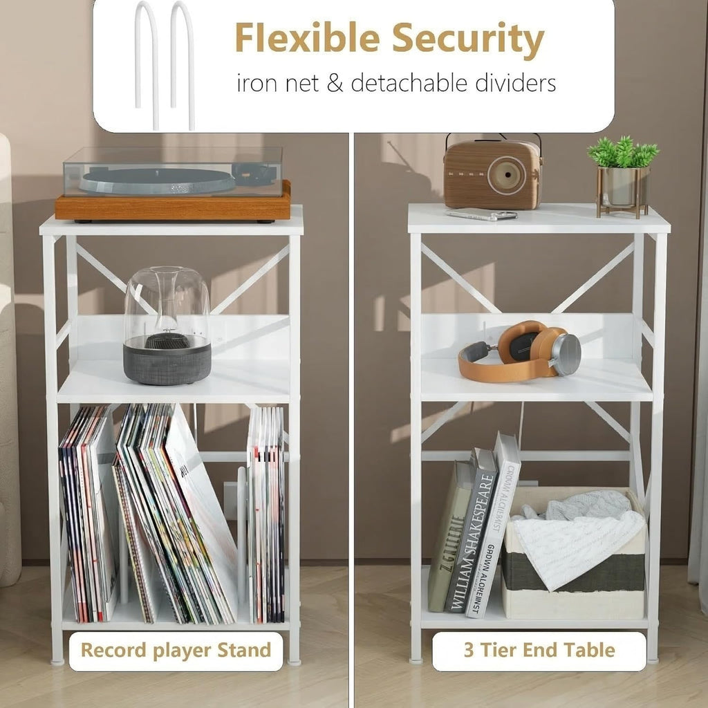 DALEMHOME Record Player Stand with Charging Station, 3-Tier Side Table for 100 Vinyl Storage, End Table for Living Room, Bedroom, White HKET1001WT