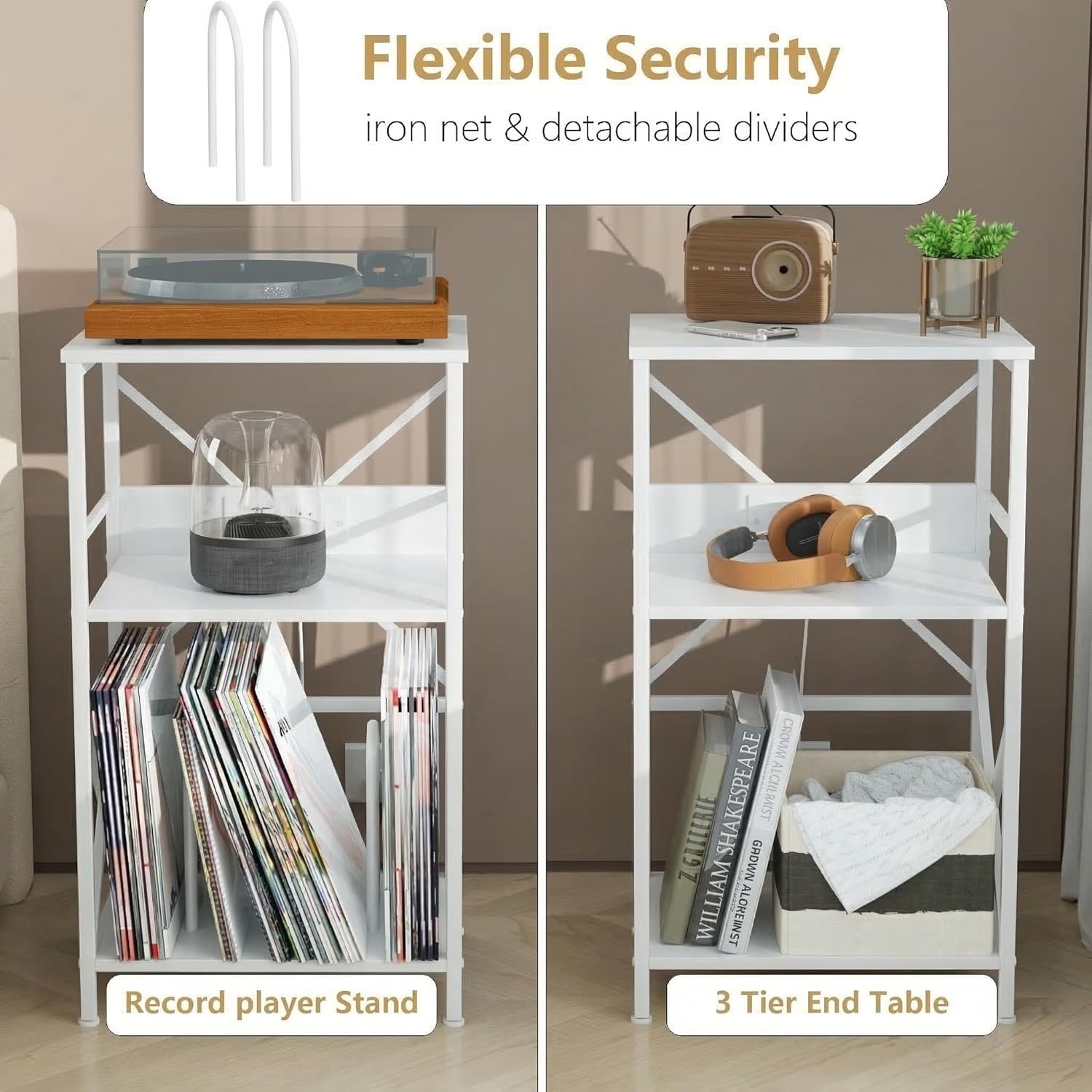 DALEMHOME Record Player Stand with Charging Station, 3-Tier Side Table for 100 Vinyl Storage, End Table for Living Room, Bedroom, White HKET1001WT