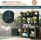 66'' Outdoor Wood Potting Bench Table, Farmhouse Garden Workstation with 2 Shelves, 2 Cabinets & 3 Side Hooks for Backyard, Mudroom, Green